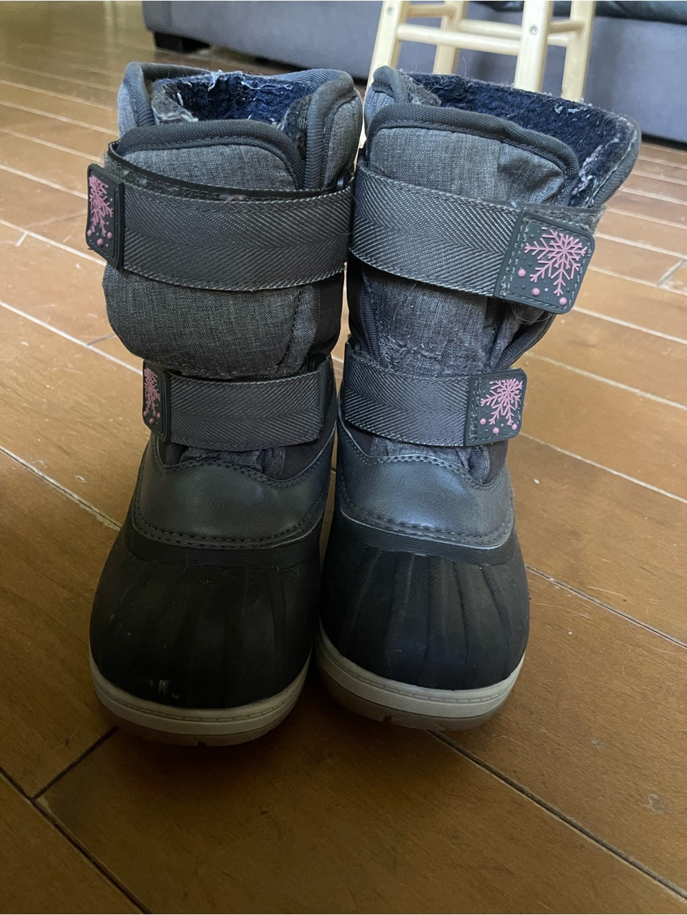 Kids Black Snow Boots with Pink Snowflake Details